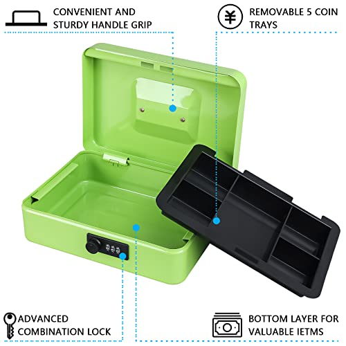 Image of KYODOLED Large Cash Box with Combination Lock,Safe Metal Box for Money, Storage Lock Box with Money Tray,9.84 inchx 7 inchx 3.54 inch Limegreen Large