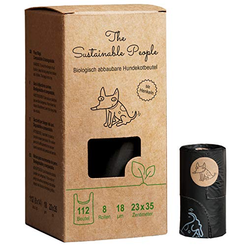 TSP Bio-abbaubare Hundekotbeutel Premium mit Henkeln - OK compost HOME zertifiziert - 100% heim-kompostierbar und biologisch abbaubar (kein OXO!) - Gross, Extra Dick (18µm) (8 Rollen (112 Beutel))