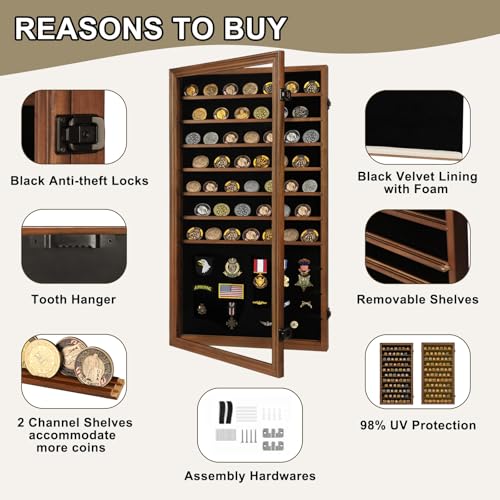 Image of Jinchuan Military Challenge Coin Display Case Lockable Cabinet Rack Shadow Box with Removable 2 Grooves Shelves and Anti Fade Acrylic Glass for Casino Poker Chips Collectibles, Extra Large - Walnut