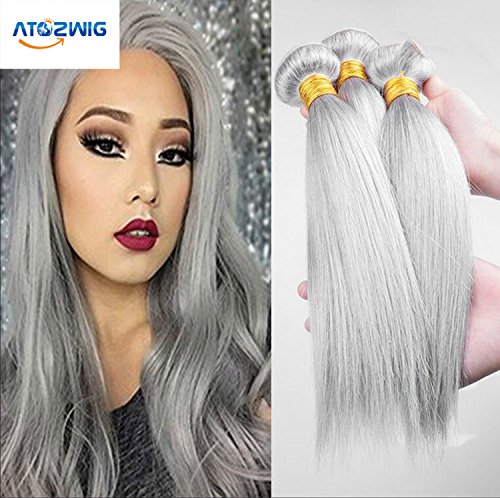 ATOZWIG 8A Brazilian Straight Virgin Hair Platinum Grey hair extension 3Pcs Human Hair Extensions Silver Grey Hair Weaves Fast Shipping 50G/Bundle