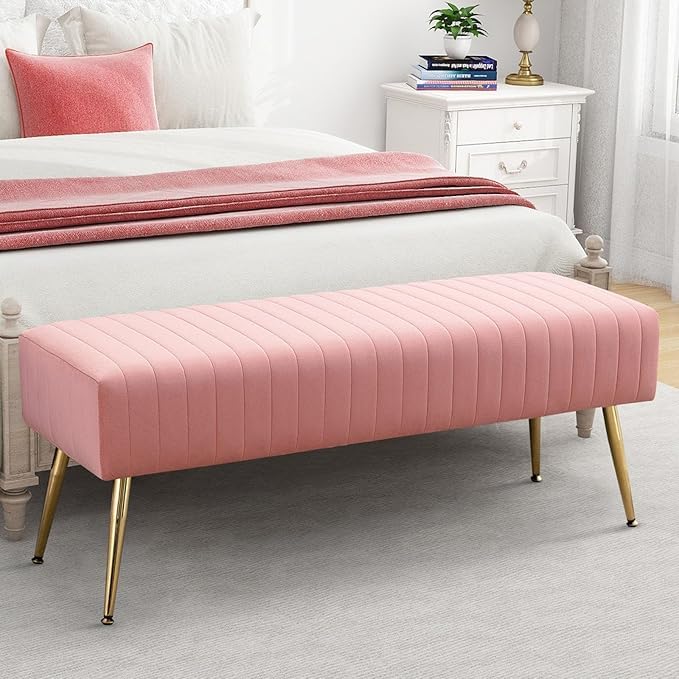 Image of Modern Velvet 2 Seater Ottoman | Upholstered Long Ottoman for Bedroom, Living Room, Entryway, Sofa Upholstered or End of Bed Seating | Comfortable Padded Accent Furniture | Velvet Pink