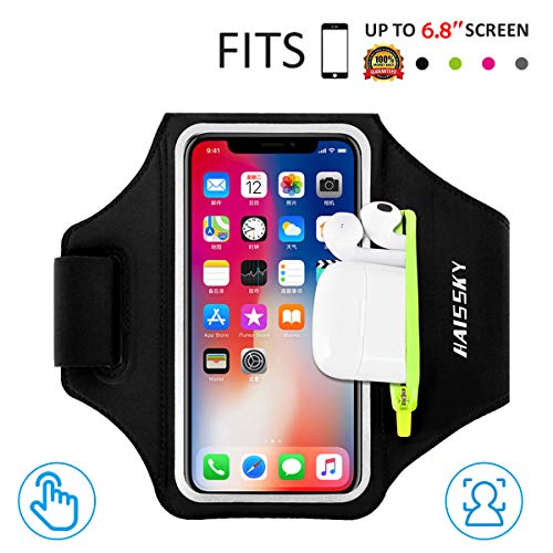 HAISSKY Handy Schweißfest Sportarmband Mit Airpods Halter für iPhone 11/11 Pro/XR/XS/X/8 Plus/7 Plus/8/7/6s/6,Huawei P20 Pro / P30 Pro/Mate 20 Xiaomi,LG Mit Kabelfach/Kartenhalter (Schwarz)