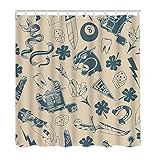 WONDERTIFY Traditional Tattoo Shower Curtain Dice Clover Knife Lightning Bolt Panther Machine Tooth Snake Horseshoe Arrow Bathroom Curtains, Machine Washable, Water-Repellent Vintage 72x72Inch
