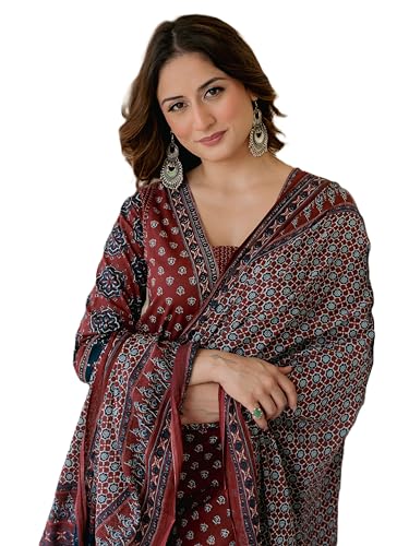 Image of Arayna Women's 100% Pure Cotton Printed Ethnic Suit | A-Line Kurta Set with Pant & Dupatta