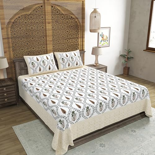 Image of BLOCKS OF INDIA Hand Block Printed 200 TC Cotton Super King Size Bedsheet(106 x 106) | Pack of 1, Cream Brown Patti