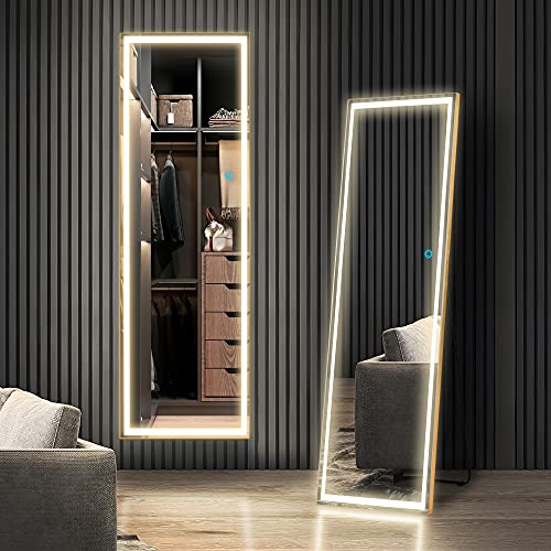 Vlsrka Full-Length Floor Mirror with LED Lights, 63" x 20" Free Standing Tall Mirror, Wall Mounted Hanging Mirror, Vanity Makeup Lighted Mirror, Full-Size Body Mirror, Dressing Mirror