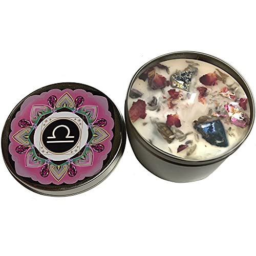 Libra Candle, Libra Gift, Zodiac Candle, Astrology Candle, Friend, Mother, Daughter Gift, Handmade Candle with Rose Petals, Buds + Crystals (4 oz.)