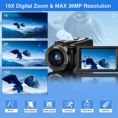 CAMKORY Videokamera 2.7K Camcorder 36MP 16X Digitalzoom IR-Nachtsicht 3.0'' Berühren Sie den IPS-Bildschirm Webcam Kamera für YouTube Tiktok mit 2 Batterien – Bild 6