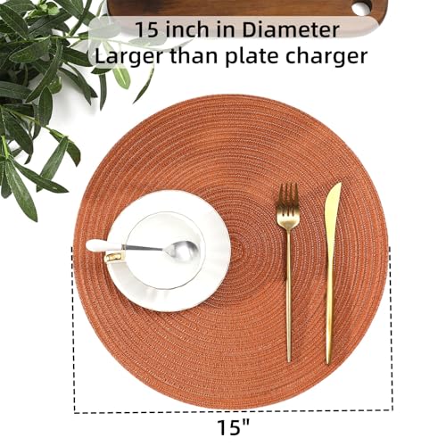 Image of SHACOS Round Placemats Set of 6 Washable 15 inch Round Placemat Cotton Polyester Woven Braided Table Place Mats for Dining Table Decor, Dark Orange