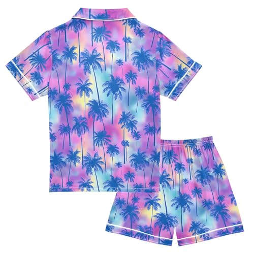 Colorful Blue Palm Tree Pattern Summer Satin Pajama Set, Cute Button-Down Sleepwear Pj Set for Sleep Wears2