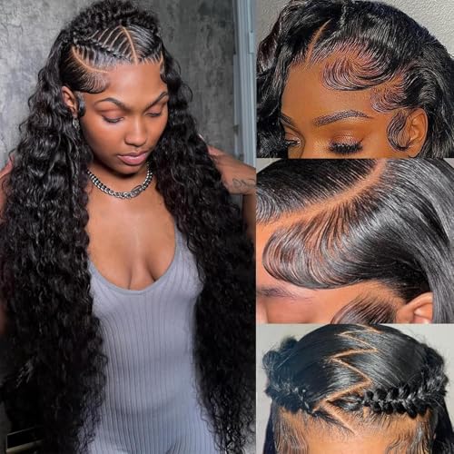 Image of Vnrtkkn 32 Inch 13x6 HD Transparent Deep Wave Lace Front Wigs Human Hair 200 Density Pre Plucked Deep Wave Wig Glueless Wigs Human Hair Lace Frontal Wigs 12A Curly Human Hair Wig for Women