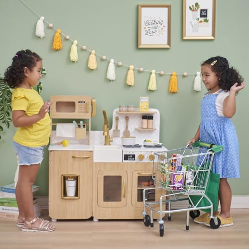 Teamson Kids Little Chef Cyprus Play Kitchen Set for Toddlers with 14 Accessories, Wooden Toy Cooking Playset for Kids Ages 1-8, Montessori Cooking Station, Light Oak/White Pretend Kitchen by Teamson Kids - Image 5