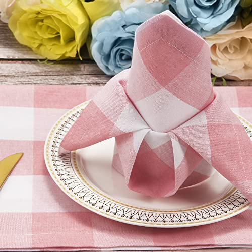 Image of Cotton Blend Buffalo Plaid Table Napkins (Set of 12), 18 x 18 Inch Washable Dinner Napkins, Buffalo Checks Cloth Napkins for Restaurant, Wedding, Holiday, Farmhouse,Peach Pink /White