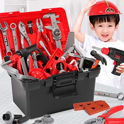FD Toy Tool, FunDiscount 54 Pieces Kids Construction Toolbox Toy, Toddlers Pretend Play Yardwork Lawn Garden Equipment Tool Box Set Toy Tools for Age 3 4 5 6 7 8 9 Year Old Boys (Red)