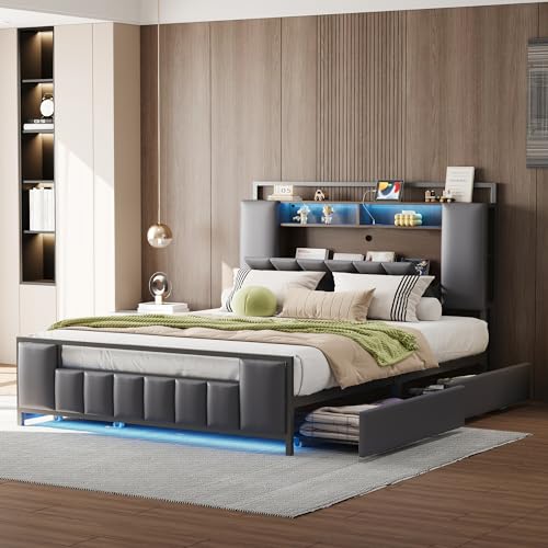 KEYIDE Letto matrimoniale con LED e USB, 160x200, 4 cassetti
