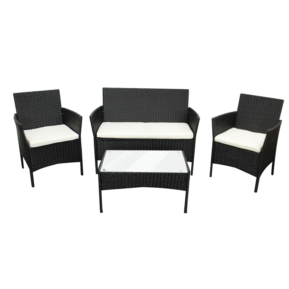 Rattan Garden Furniture Sofa Set with Coffee Table Chairs 4 Seater for Outdoor Patio Balcony 6210-B (Black+Beige Cushions)