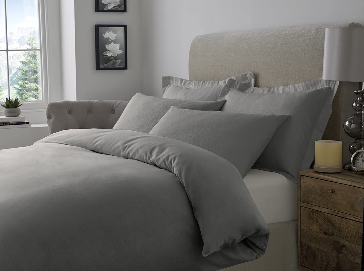100% Brushed Cotton Duvet Cover Sets | Plain Dyed Reversible Flannelette Bedding Sets With Matching Pillowcases (King, Grey), (BCDC)