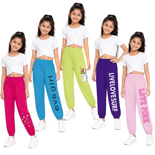 Image of KYDA KIDS Girls 100% Pure Cotton Printed Track Pants | Elastic Waist Loose Fit Casual Summer Wear | Soft Comfortable Kids Trousers Multicolor Combo (Pack of 5)