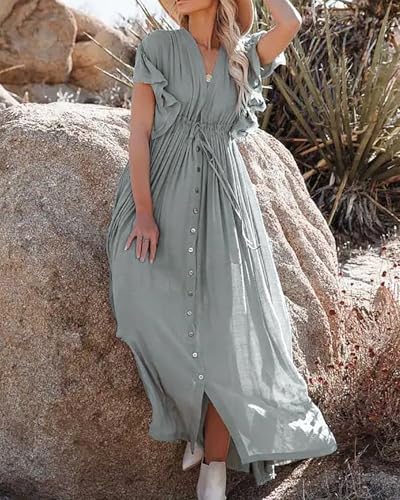 Image of R.Vivimos Maxi Dresses for Women 2026 Summer Short Sleeve V Neck Drawstring Tie Boho Loose Flowy Long Dresses with Pockets