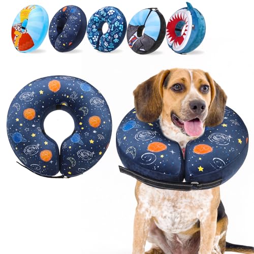 Image of SCENEREAL Dog Cone Alternative After Surgery Donut Collar, Soft Pet Recovery Pillow Collar for Medium Large Dogs, Inflatable Adjustable Neck Collars to Prevent Licking, Planet Print E-Collars M