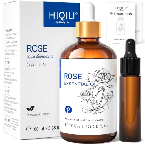 Image of HIQILI Rose Essential Oil for Skin, Diffuser & Candle Making | Calming Floral Aroma for Soap Making, Relaxing Massage, Spa Bath & Home Fragrance - 100mL / 3.38 fl oz