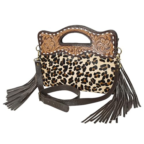 OHLAY Bags OHA113 Clutch Hand Tooled Hair-On Genuine Leather Women Bag Western Handbag Purse, Brown