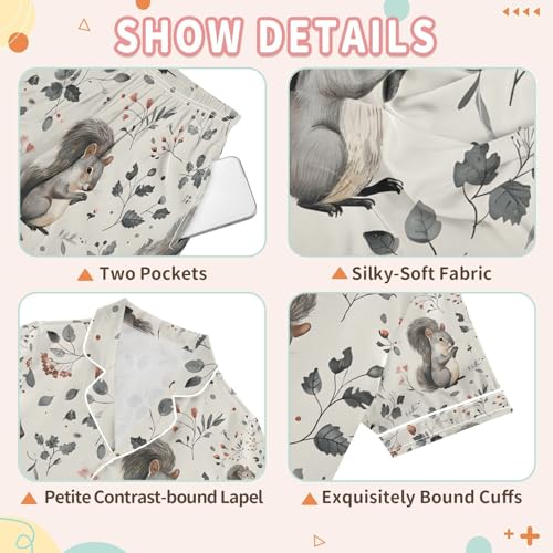 senya Squirrel on Flower Satin Summer Pajama Sets Silk Short Sleeve Button Down Sleepwear3