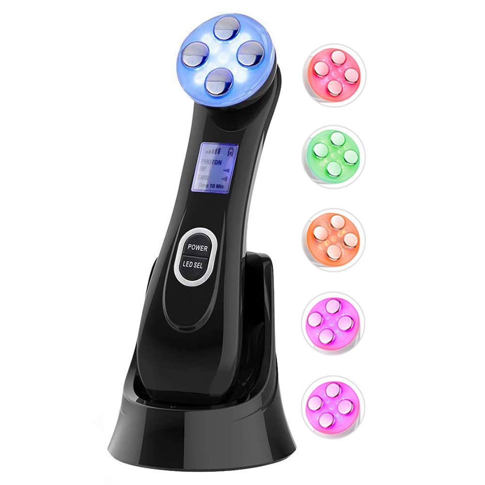 Aparato Facial Ultrasonido, carga de inducción inalámbrica USB Terapia de luz LED Máquina de elevación facial de alta frecuencia antienvejecimiento, 6 modos Masajeador antiarrugas (negro)