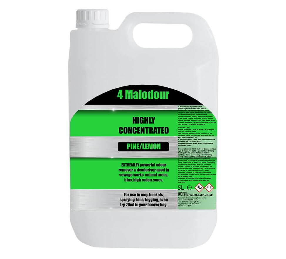 5 Litre 4 Malodour Pine & Lemon Odour Remover and Deodoriser - Used in Sewage Works, Home, Garden, Kennels - Also Pet Odours 4Malodour