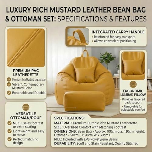 Image of KAM'S LIEU 5XL Luxury Faux Leather Bean Bag with Footrest & Cushion | Pre-Filled High-Density Polystyrene Beans | Premium Leatherette | 6 Months Warranty Color- (Yellow, with Footrest)