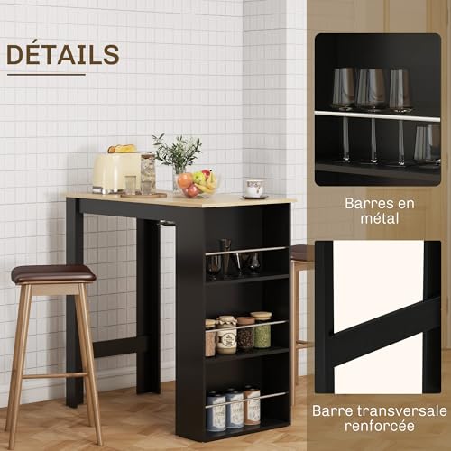 Table de bar haute noir 3 étagères rangement HOMCOM
