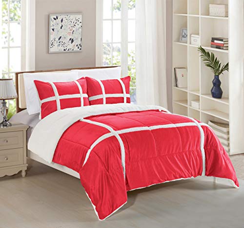 Elegant Comfort Micromink Stripe Lined Sherpa Comforter Set, Premium Down Alternative Micro-Suede 3-