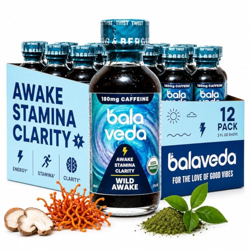 Image of balaveda Wild Awake Organic 2x Energy Shot, Blueberry Vanilla, 12 Pack | 180mg Clean Caffeine with Cordyceps, Eleuthero, L-Theanine + Vitamin B12, 2 fl oz Glass Bottles, USDA Organic
