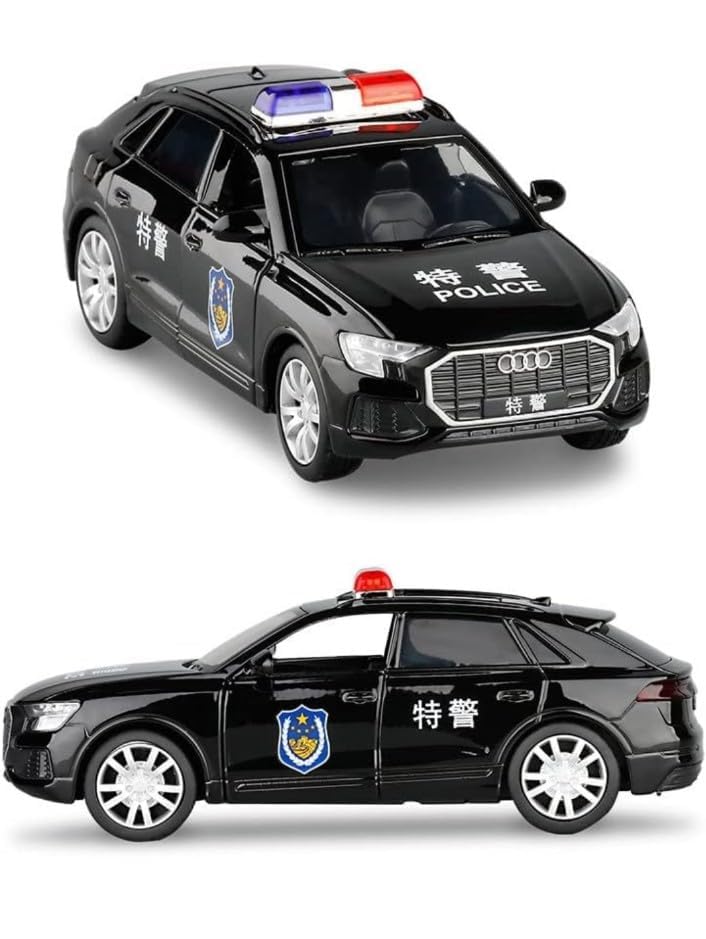 Image of 1:32 Scale Exclusive Alloy Metal Pull Back Die-cast Car Scale Model with Sound Light Mini Auto Toy for Kids Metal Model Toy Car with Sound and Light(AODI Q8- Police CAR+ Multicolour)