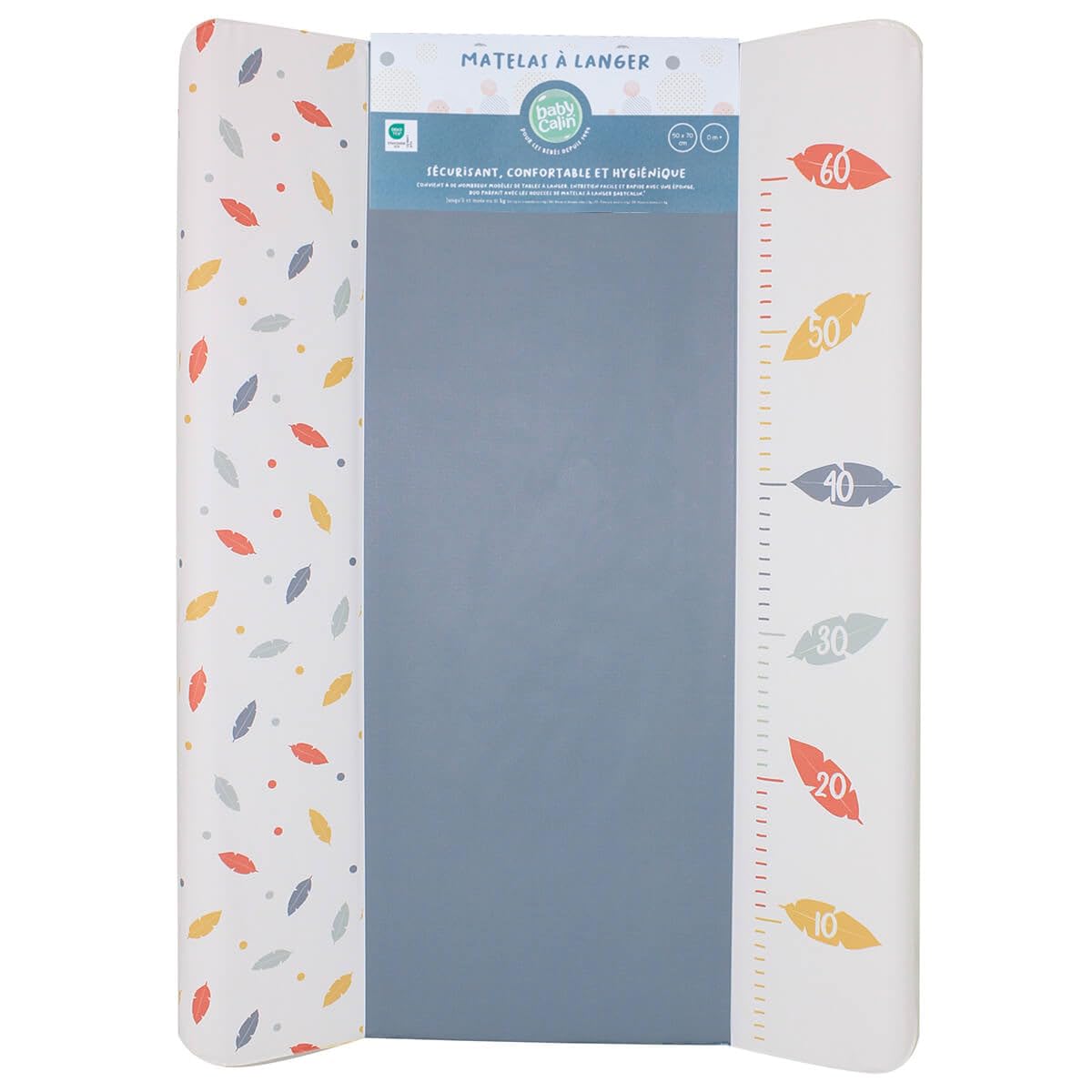 Babycalin - Matelas à langer bébé Standard Premium Plumes - Matelas à langer 50x70 cm avec toise - Confort maximum - Bords réhaussés - Matelas imperméable en PVC pour table à langer bébé - Moelleux