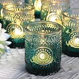 Lanttu 12pcs Green Votive Candle Holders，Glass Tea Lights Candle Holder Bulk for Birthday Parties, Weddings, Table Decorations, Candlelight Dinners