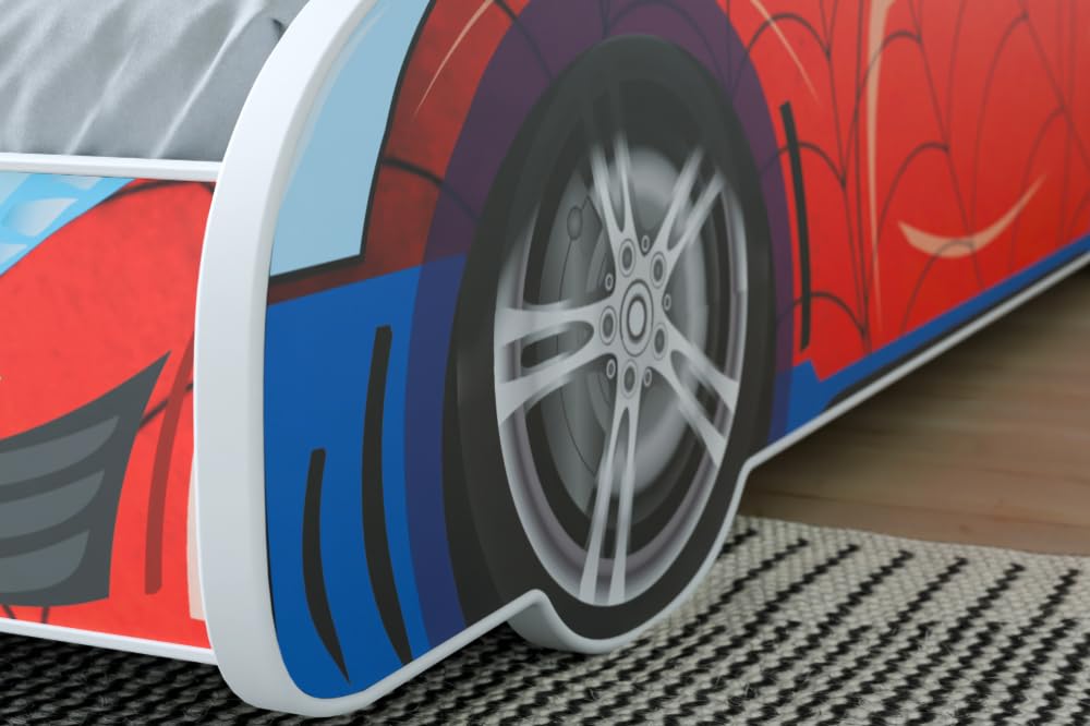 KOBI Lit Enfant Voiture 140x70 Racing Red avec Matelas, lit Auto pour garçon et Fille, lit sécurisé en Forme de Voiture avec Motif Super-héros pour Chambre Enfant