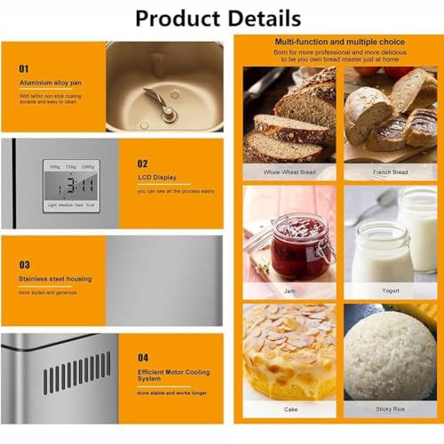QYOEGSQ Brotbackautomat for Zuhause, Brotbackautomat mit Frucht-/Nussspender, Teigmacher mit 17 voreingestellten Menüs und 15-Stunden-Reservierung, 1 Stunde Warmhalten, 3 Brotgrößen, 3 Krustenfarben – Bild 6