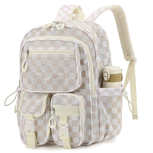 Lreneilu Mesh Backpack for School Heavy Duty Mesh Bookbags for Women Girls Boys Kids with Inner Laptop Compartment for College Travel Beach Swimming Sports - Checkered Khaki