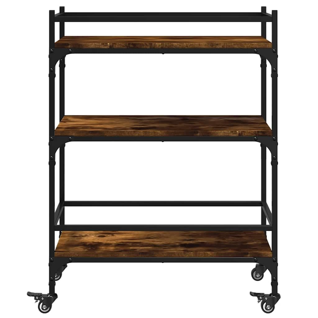 Carro de cocina de roble ahumado, 65 x 40 x 86,5 cm, madera con marco de acero y 4 ruedas, 2 bloqueables, para cocina, salón, como carrito de servicio y carrito de almacenamiento con mucho