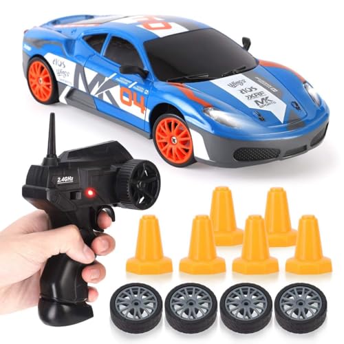 Image of Rc Drift Remote Control Car 1:24 Scale, High-Speed, 4Wd, Lights, Battery Racing Car, Drifting Tires, 2.4Ghz, for Kids (RC Drift II - Blue)