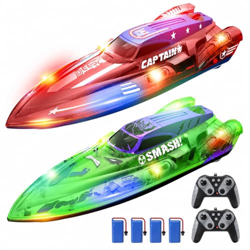 DEERC 2 Pack 13 inch Remote Control Boat for Kids, 4 Batteries, 2.4Ghz RC Racing Boat with LED...