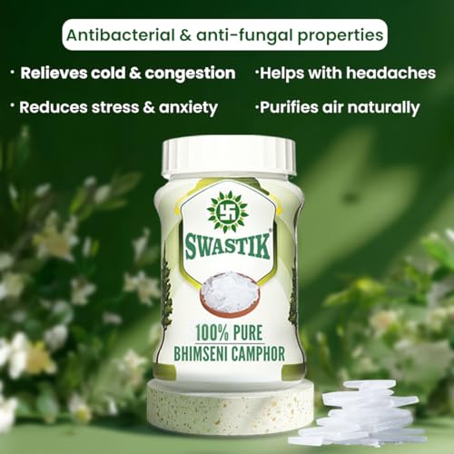 Image of Swastik 100% Organic and Premium Bhimseni Camphor-100 gm Jar Pack of 1|for Puja,Aromatheraphy & Refreshing Atmosphere|Used in Temple Teertham and Indian Sweets