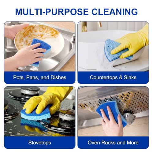 Image of LILAC Non Scratch Sponges, 12 Count, Natural Cellulose Scrub Sponge for Dishes, Non Stick Cookware, Kitchen, Bathroom, Household (Blue)