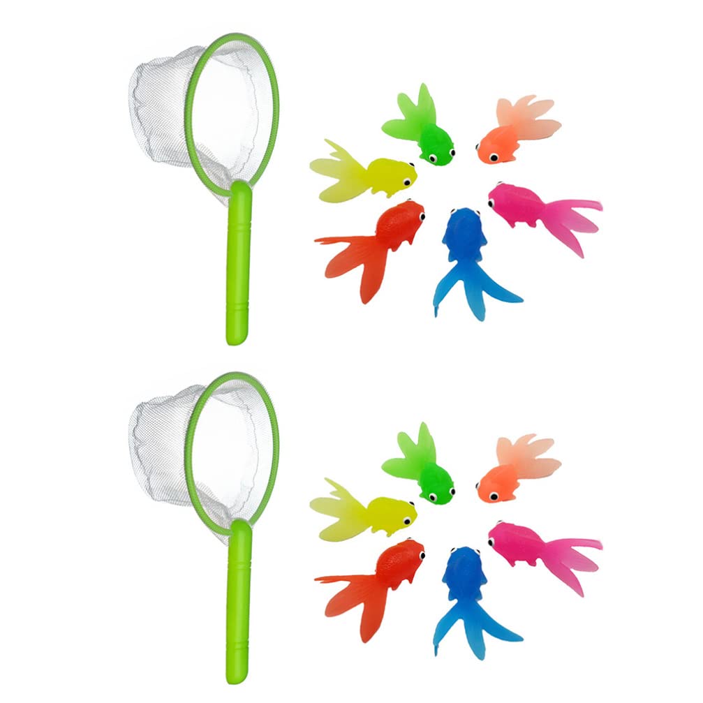 Toyvian Kids Fishing Game Set: 12Pcs Soft Rubber Goldfish Model with 2 Fishing Nets