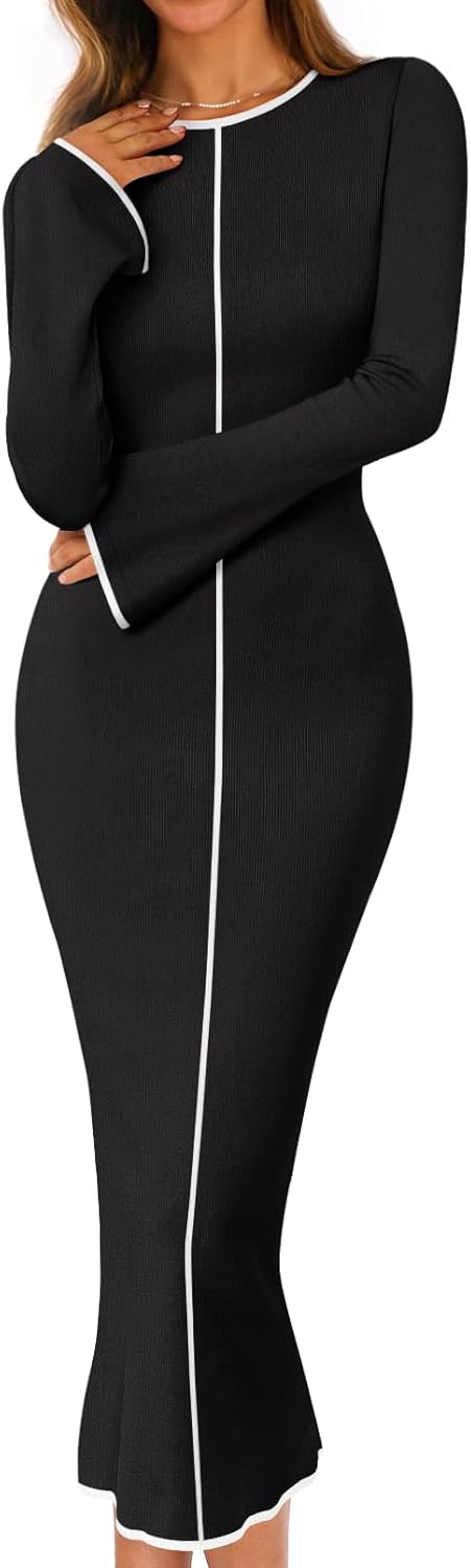 MEROKEETY Women's Fall Long Bell Sleeve Sweater Dress 2025 Elegant Bodycon Color Block Knit Midi Maxi Dresses
