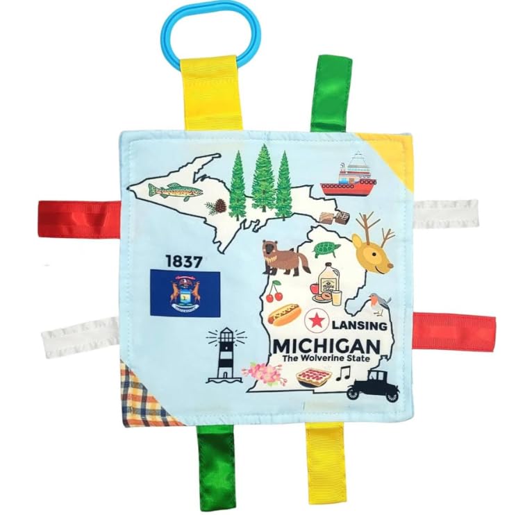 Image of Baby Jack & Co 8x8” Learning Lovey Michigan State Tag Stroller Toy for Babies - Crinkle Toys for Developing Five Senses - Learn About Capitals - Travel with Baby Jack - BPA Free Clip
