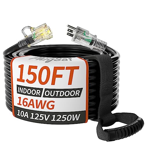 PlugSaf Black 16/3 Gauge Outdoor Extension Cord 150 ft Waterproof with Lighted Indicator Flexible 3 Prong Long Extension Cord Outside Cold Weatherproof -40C 10A 1250W 16AWG SJTW ETL Listed