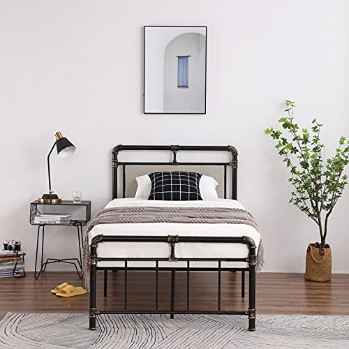 Bonnlo Twin Size Industrial Metal Platform Bed Frame with Upholstered Headboard, Heavy Duty Metal...