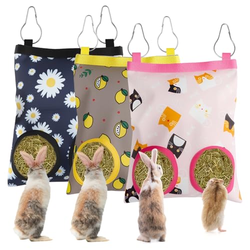Saco de heno para conejos, juego de 3 – Bolsa colgante para heno para cobayas, chinchillas, hámsteres, 24 x 19 cm, con 2 agujeros, impermeable, resistente y duradero para animales pequeños